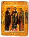Полнофигурный трехчастный Деисус со святыми на полях. Икона монастыря св. Екатерины (Синай).