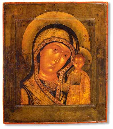 Our Lady of Kazan :: This icon is the oldest of all known copies of its miraculous original, unearthed in Kazan on July 8, 1579. In 1612 the miraculous icon was in the Russian army which delivered Moscow from Polish occupiers. The icon was considered to protect the Romanov dynasty, and became one of Russia's best-worshipped holy images during its reign. It is commemorated July 8, the day it was found, and October 22, the day of Moscow's deliverance.
The icons of Our Lady of Kazan are traditionally small. An iconogaphic variant of the Hodegitria, it is mainly noted for the Child standing.