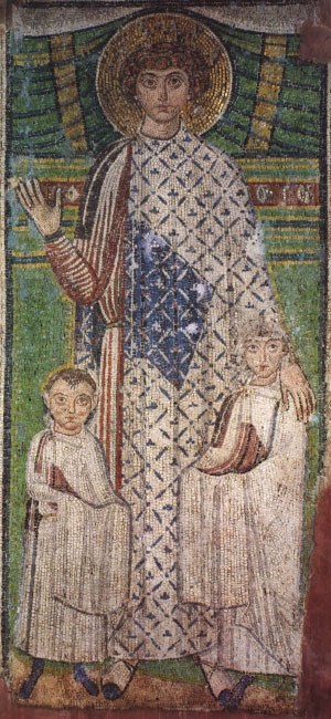St Demetrios with donors. Mosaic. The church of St Demetrios in Thessaloniki :: 