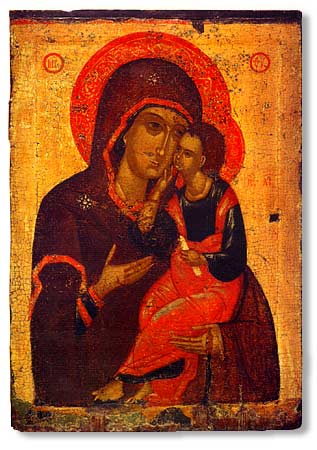 Our Lady of Lyubyatovo :: According to oral monastic tradition, the icon saved Pskov from Ivan the Terrible's punitive expedition in 1570. The icon is commemorated on March 19. Instance of a rare iconography of Tenderness, this icon combines the traditional motif of mother's caress with the gesture of the Child touching the Virgin's chin with the right hand.